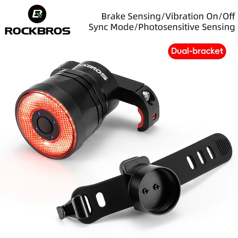 ROCKBROS إضاءة خلفية للدراجة مع فرامل ذكية واستشعار الاهتزاز إضاءة ذيل للدراجة من النوع C متزامنة إضاءة خلفية لركوب الدراجات على الطرق الجبلية MTB