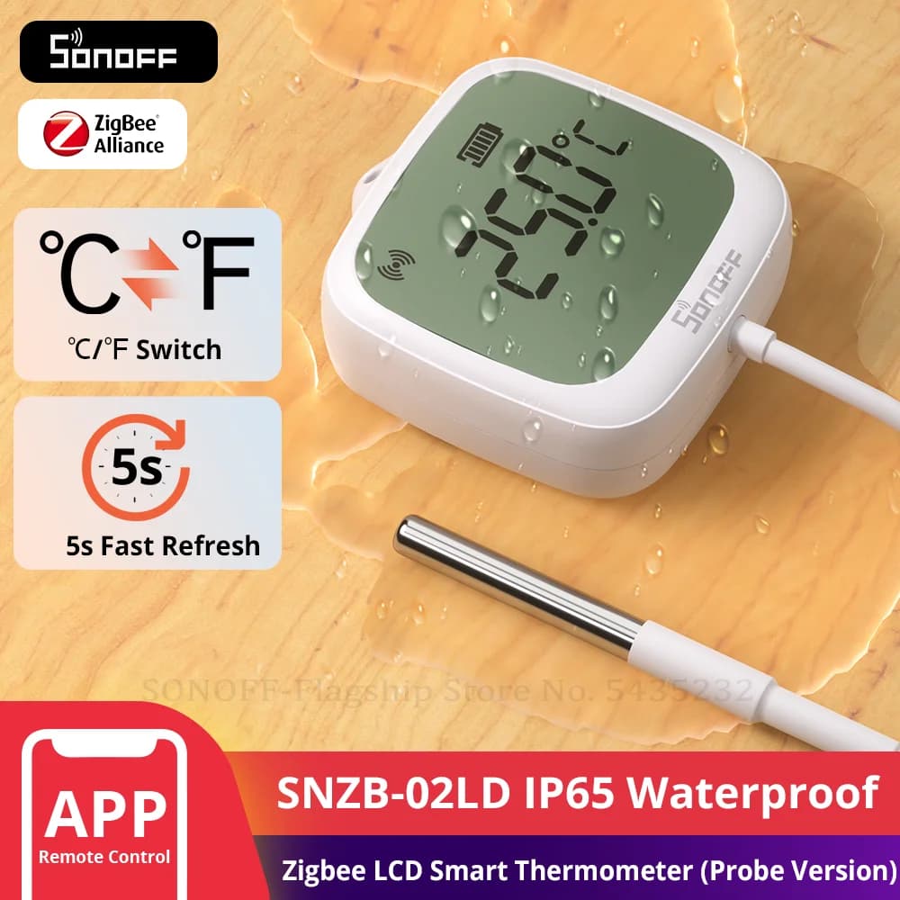 مقياس حرارة ذكي من SONOFF SNZB-02LD IP65 يعمل بتقنية Zigbee مع شاشة LCD ومسبار لقياس درجة حرارة السوائل في حمامات السباحة وأحواض الاستحمام والثلاجات والفريزر