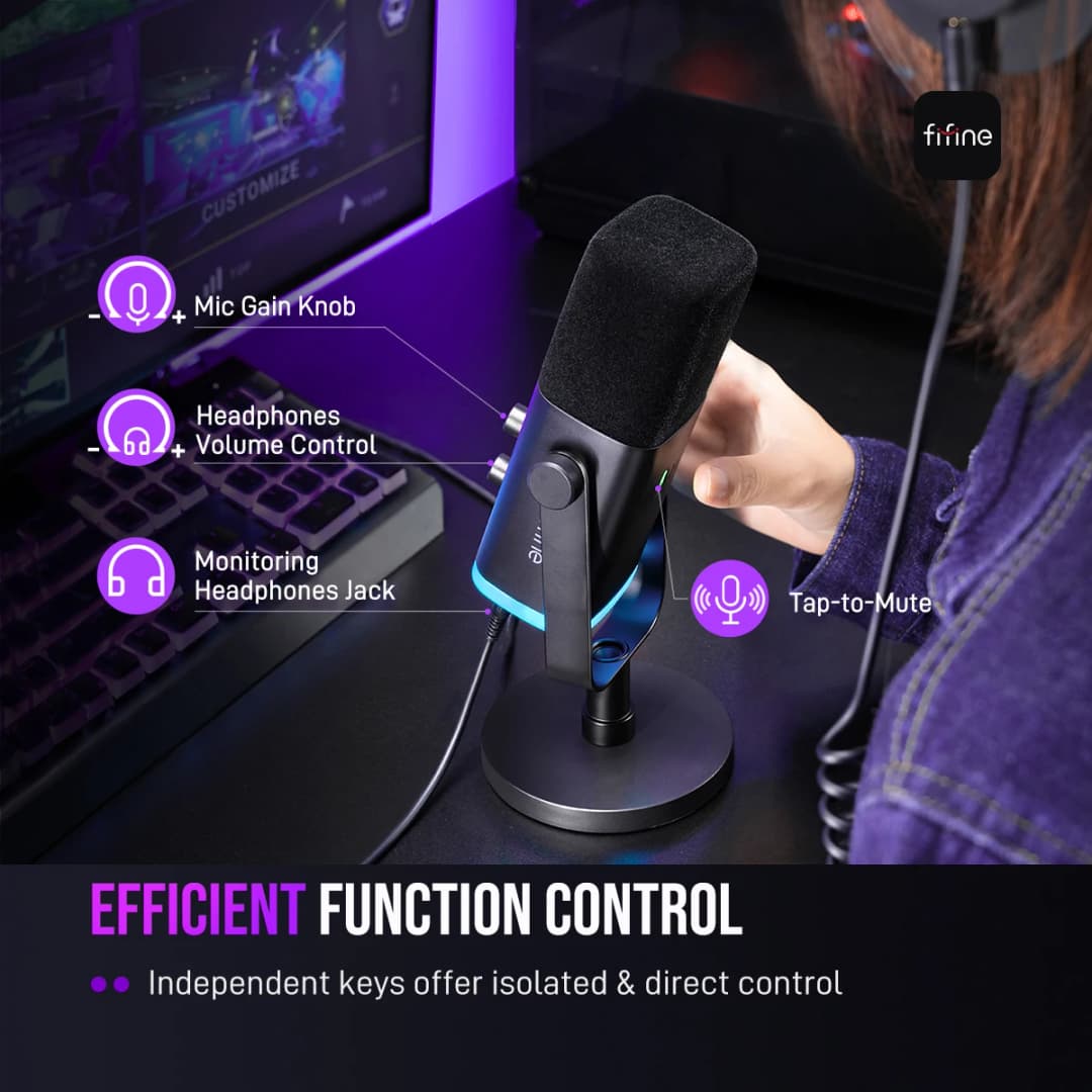ميكروفون ديناميكي FIFINE USB/XLR مع تحكم RGB، مقبس سماعة رأس، كتم الصوت، لتسجيل ألعاب الكمبيوتر AmpliGame-AM8 - 5
