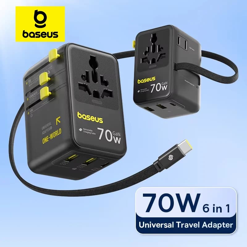 شاحن Baseus GaN محول سفر عالمي كابل قابل للسحب مدمج 70W 2AC 2 USB-A Type-C شحن سريع EU/UK/USA/AUS