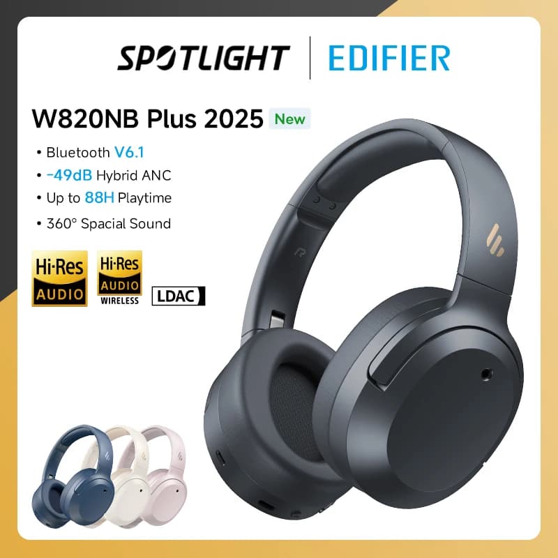 إديفاير W820NB بلس (إصدار 2025) سماعات رأس لاسلكية مع تقنية إلغاء الضوضاء النشطة بلوتوث 6.1 سماعات أذن فوق الأذن -49dB إلغاء الضوضاء سماعات أذن صوت عالي الدقة