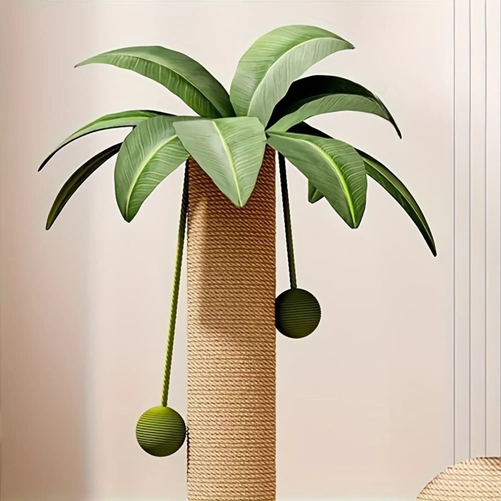 Coconut Tree Cat Scratching Post & Play Tower, 2-in-1 Sisal & Solid Wood Cat Activity Tree with Hanging Balls, Space-Saving - 6