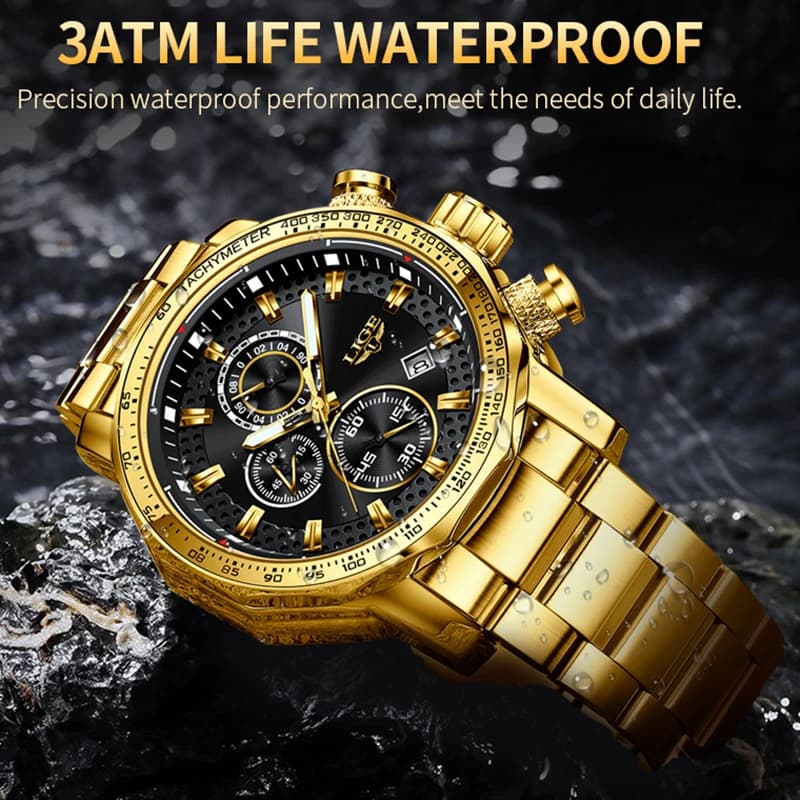 LIGE New Gold Quartz Watches For Men Military Sport Waterproof Big Dial Watch Men Fashion Business Date Chronograph Montre Homme - 2