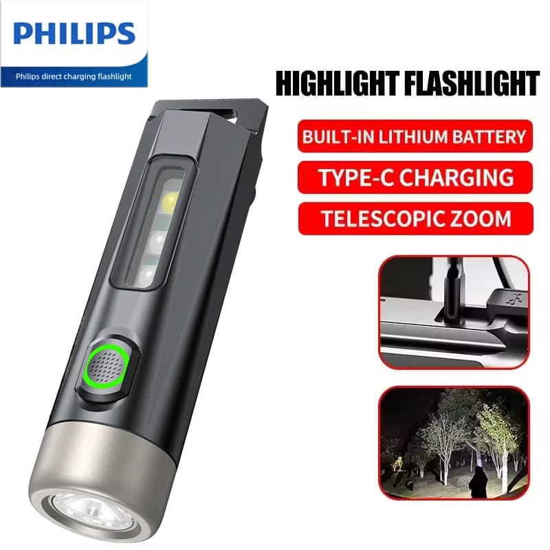 PHILIPS 2025 جديد SFL1121 مصباح يدوي EDC صغير قابل لإعادة الشحن مع سلسلة مفاتيح للإضاءة أثناء التخييم والمشي والدفاع عن النفس