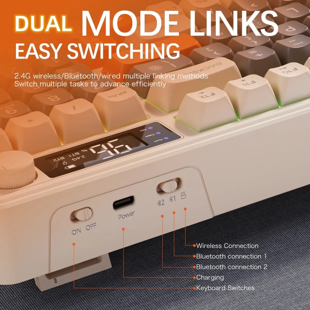لوحة مفاتيح ميكانيكية لاسلكية ثنائية الوضع من FREEWOLF M96، 2.4G بلوتوث 5.0، 96 مفتاحًا قابلة للتبديل السريع، أغطية مفاتيح PBT للرياضات الإلكترونية - 3