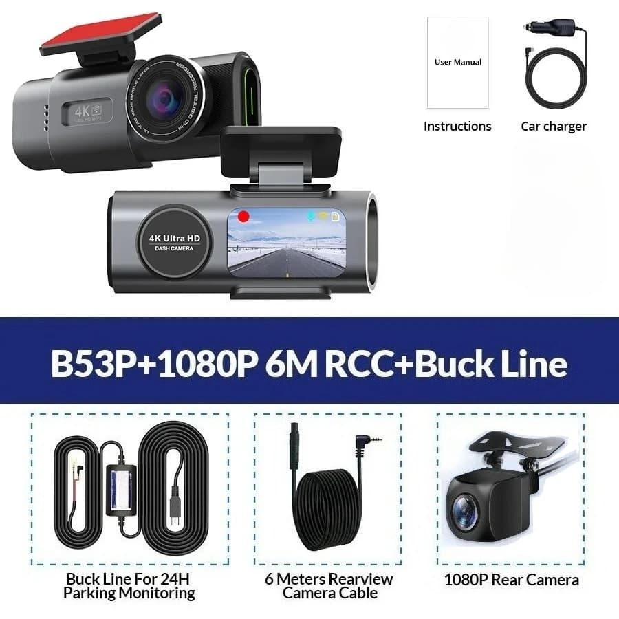كاميرا سيارة بدقة 4K UHD تسجيل مستمر، تسجيل فيديو برؤية ليلية، واي-فاي مدمج، دعم GPS، مراقبة 24 ساعة - 4