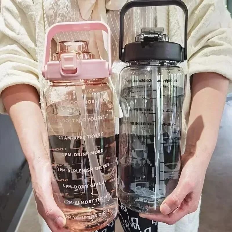 2L Sports Water Bottle Extra Large Capacity Plastic Drink Bottle WithStraw and Time MarkerSuitable for Gym/OutdoorSportsReusable - 2