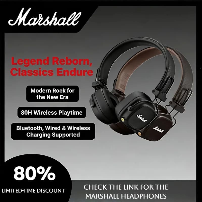 سماعات رأس لاسلكية Marshall Major IV مع صوت مميز - بطارية تدوم حتى 80 ساعة - قابلة للطي - بلوتوث 5.0 مع ميكروفون - مناسبة للسفر والاستوديو