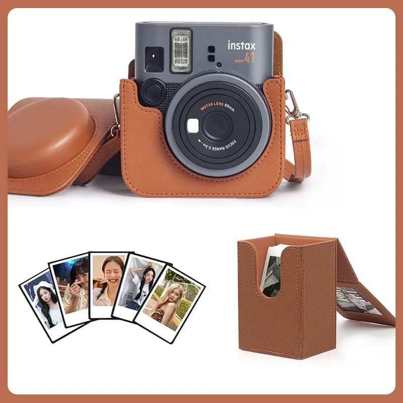 حقيبة كاميرا Fujifilm Instax Mini 41 + 5 قطع مغناطيس صغير + صندوق تخزين جلدي حقيبة كروسبودي جلدية ريترو اكسسوارات بني / أسود