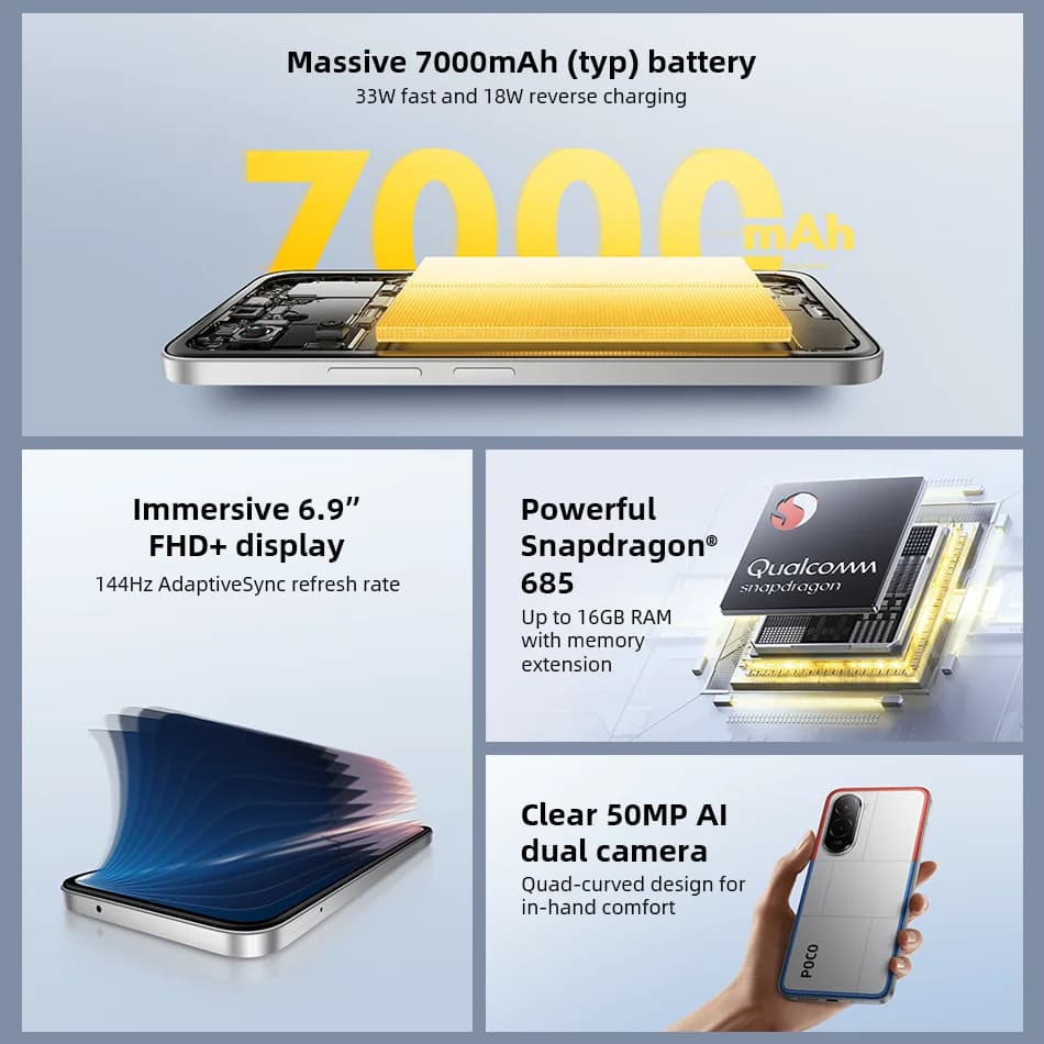 هاتف POCO M7 نسخة عالمية، معالج Snapdragon® 685، NFC، ذاكرة 128GB/256GB، شاشة 144Hz، كاميرا 50MP، بطارية 7000mAh، شحن سريع 33W - 3