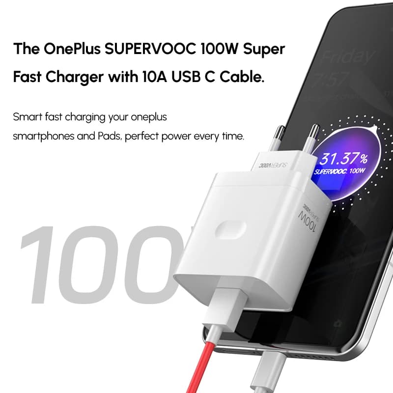 شاحن OnePlus SuperVOOC الأصلي 100 واط لهواتف OnePlus 15R و13 و12 و11 و12R وNord 4 وCE4 وAce 5 وOPPO وRealme مع كابل شحن سريع USB Type C - 2