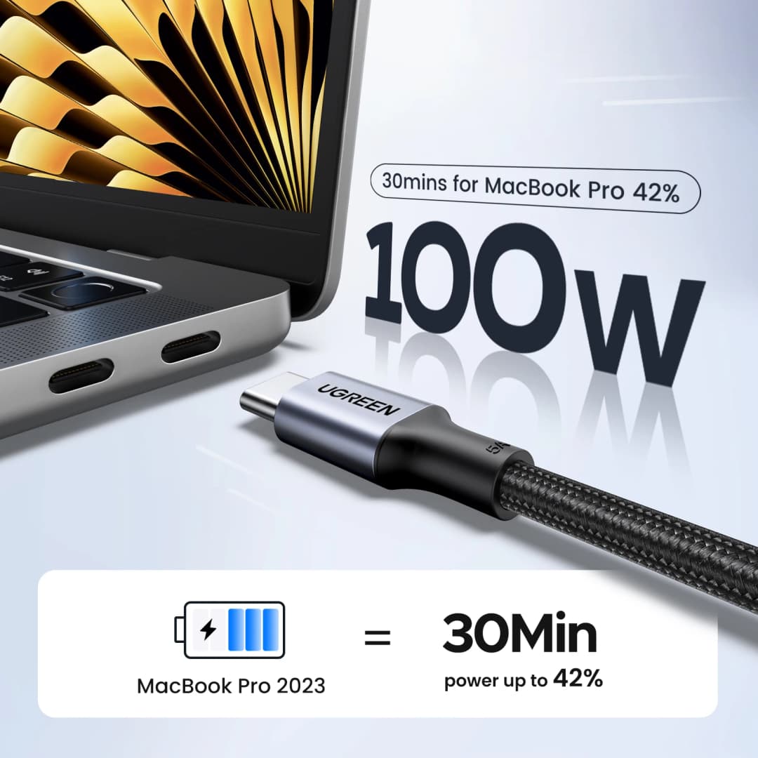 كابل USB Type-C إلى USB-C من UGREEN بقوة 100 واط للشحن السريع لهواتف سامسونج S25 وآيفون 17 و16 يدعم Quick Charge 4.0 - 2