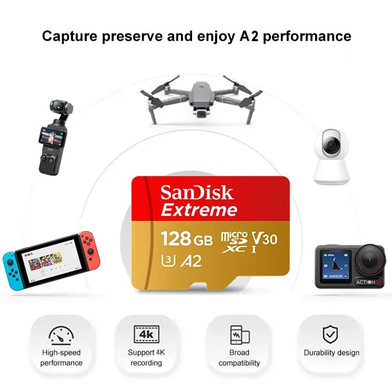 سان ديسك إكستريم A2 V30 4K بطاقة ذاكرة MicroSD للطائرات بدون طيار الهاتف كاميرا السيارة بسرعة قصوى 190 ميجابايت/ثانية بطاقة microSDXC فلاش TF 32 جيجابايت 64 جيجابايت 128 جيجابايت 256 جيجابايت