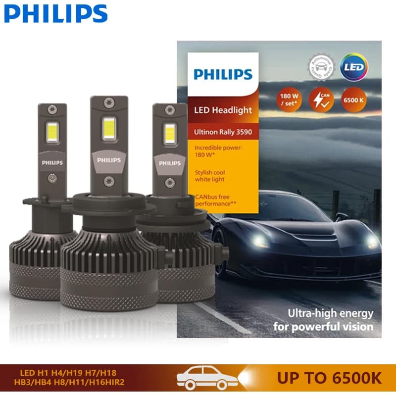 مصابيح أمامية للسيارة Philips Ultinon Rally LED طرازات H1 وH4 وH19 وH7 وH18 بقوة 180 واط و15000 لومن H8 وH11 وH16 وHB3 وHB4 وHIR2 إضاءة بيضاء باردة 6500K