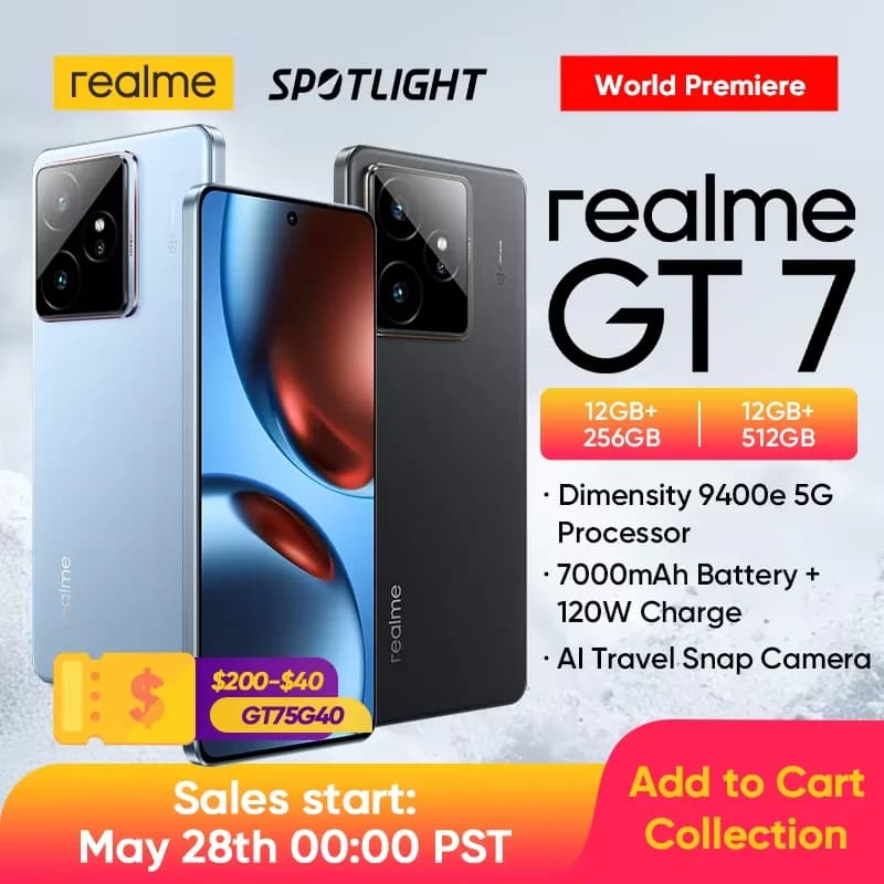 هاتف ريلمي GT 7 الذكي بشبكة 5G، معالج دايمنشن 9400e، بطارية 7000 مللي أمبير، شحن 120 واط، كاميرا IMX906 مع OIS، IP69، NFC