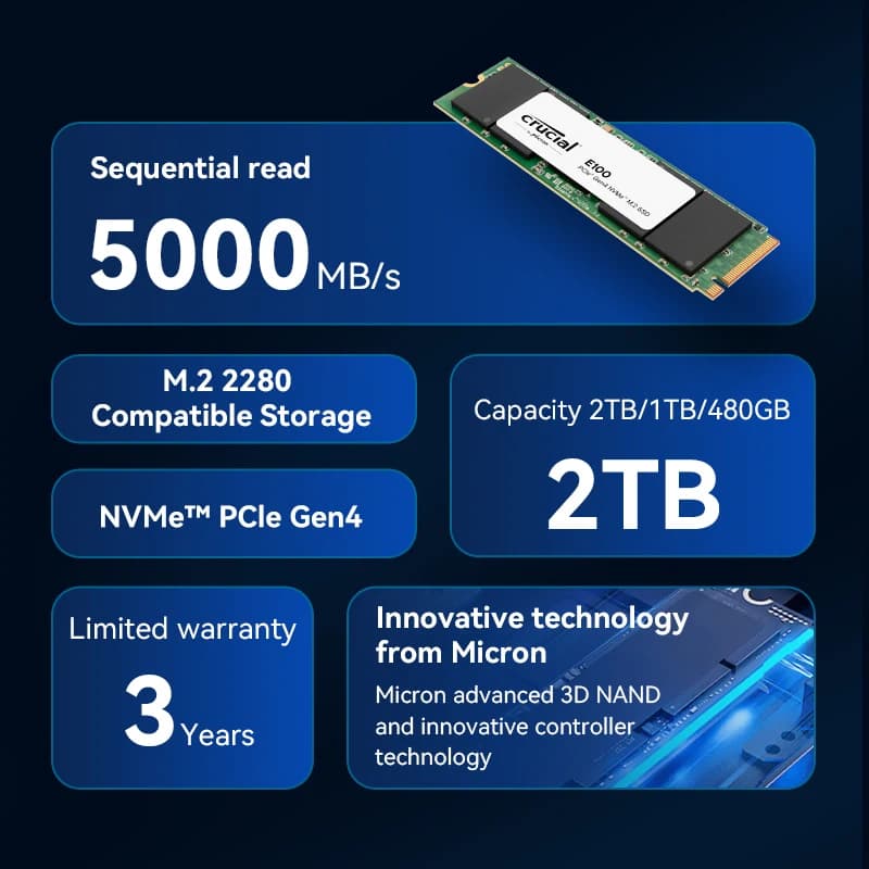Crucial E100 SSD 1TB 2TB  M.2 NVMe PCIe Gen4 Up to 5,000MB/s Solid State Drive for Laptop Desktop PC Gamer - 3