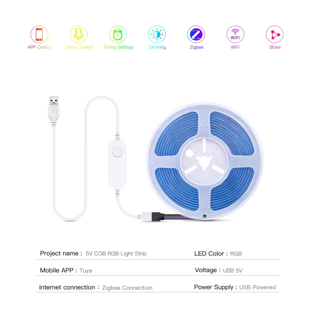 شريط ليد ذكي زيجبي من تيا COB أضواء USB 5V قابلة للتعتيم شريط FOB تحكم واي فاي لغرفة النوم والمطبخ والخزانة والتلفزيون ديكور مصباح أليكسا - 2