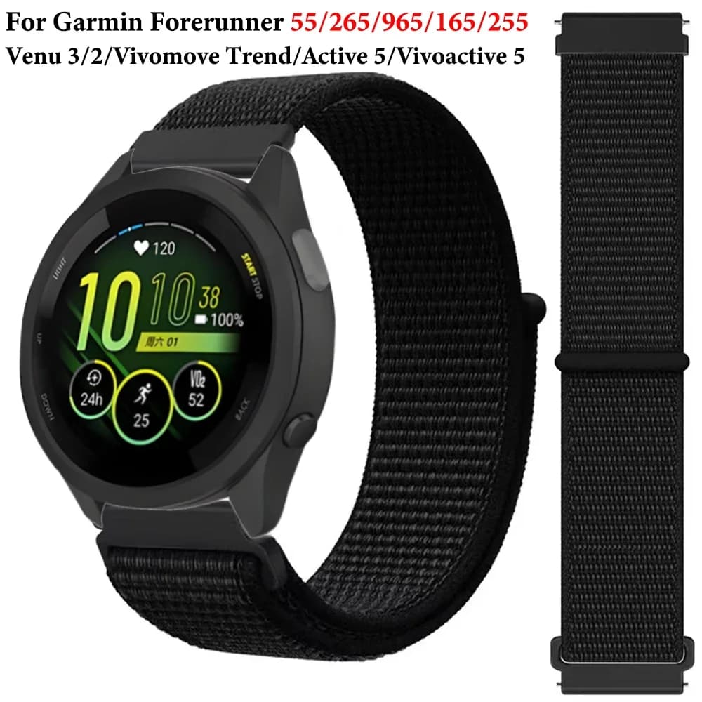 حزام حلقة نايلون 20 مم 22 مم لـ Garmin Forerunner 55 165 265 965 255 Active 5/Vivomove Trend/Vivoactive 5/Venu 3/2 حزام سوار