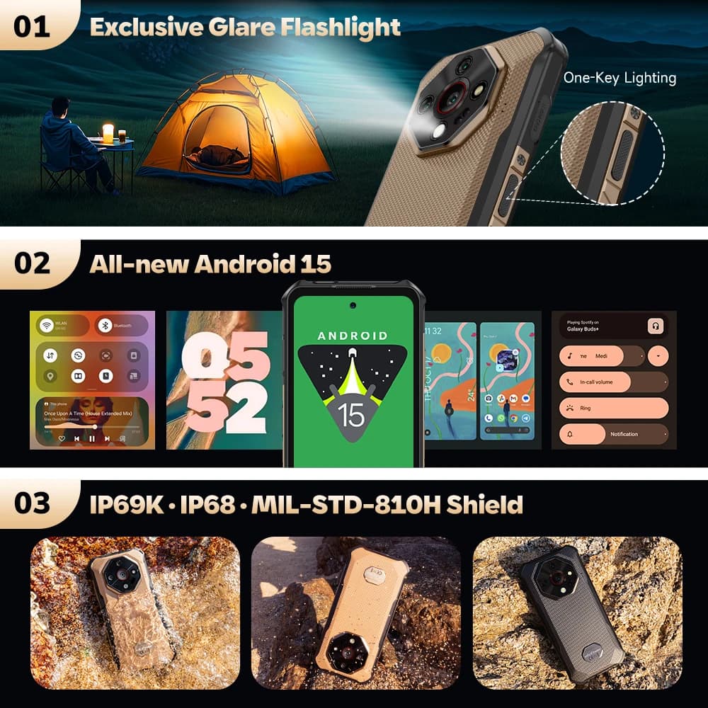 هاتف Ulefone Armor X16 Pro 5G المتين ببطارية 10360 مللي أمبير في الساعة وذاكرة وصول عشوائي 16 جيجابايت وذاكرة قراءة فقط 256 جيجابايت وشاشة 120 هرتز مقاس 6.56 بوصة مزود بتقنية NFC ونظام أندرويد مع Google Gemini - 5