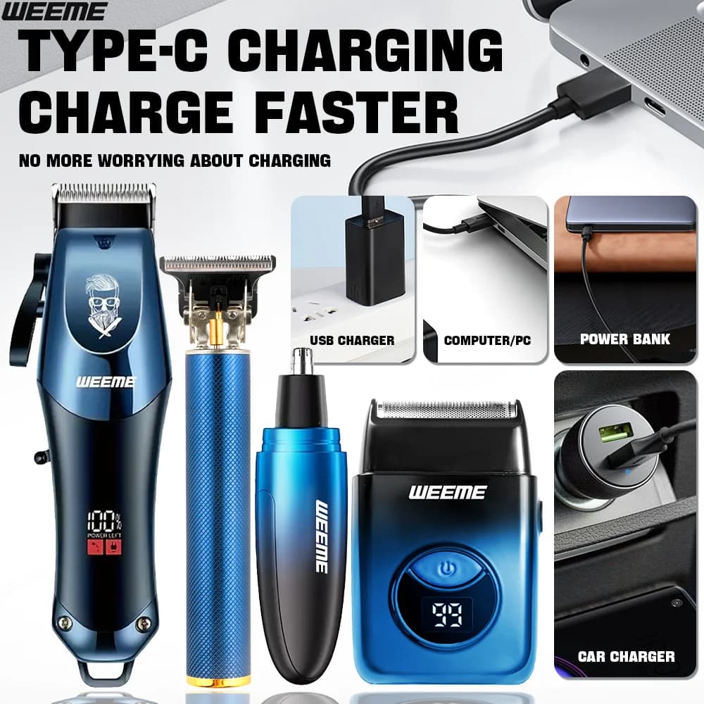 WEEME 4-in-1 Electric Hair Clipper Set for Men - Rechargeable Cordless Hair Trimmer Shaver Kit with Nose Ear Grooming Tools - 4