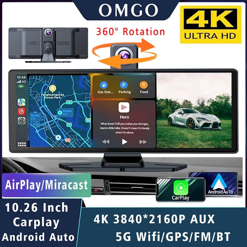 كاميرا لوحة قيادة 10.26 بوصة 4K 2160P كاربلاي أندرويد أوتو DVR سيارة 5G واي فاي GPS FM مسجل فيديو قيادة بث مباشر كاميرا دوران 360 درجة