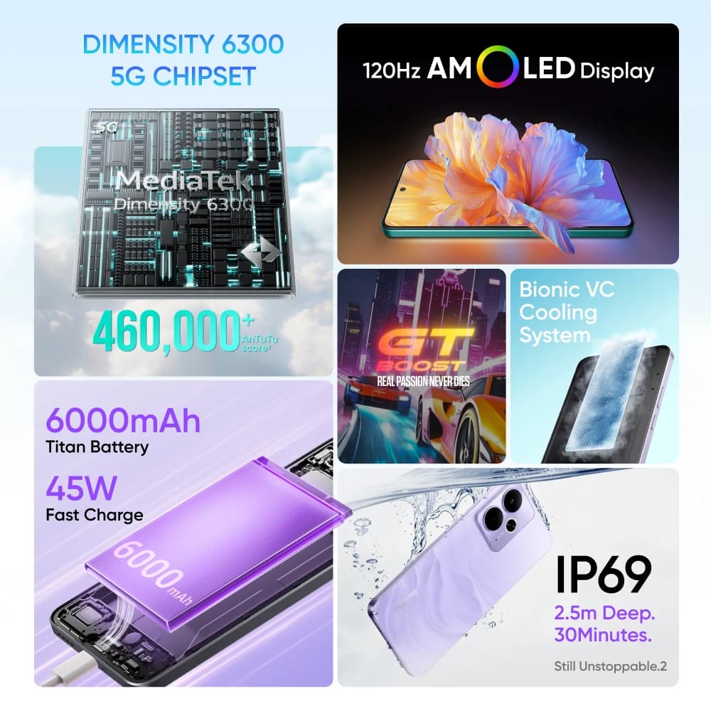هاتف realme 14T 5G بمعالج Dimensity 6300 وبطارية 6000 مللي أمبير وشاشة AMOLED 6.67 بوصة بمعدل تحديث 120 هرتز وشحن 45 واط IP69 - 2
