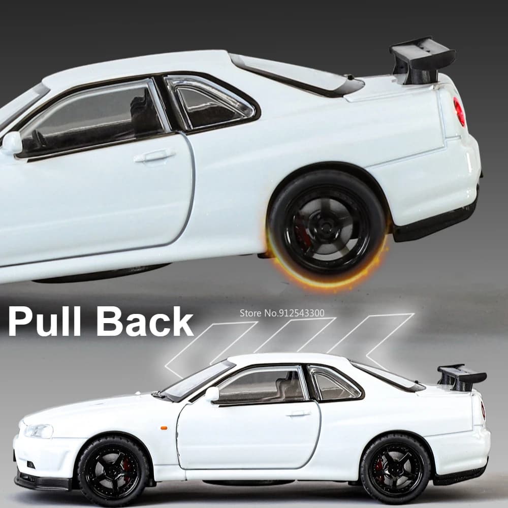 نموذج سيارة SKYLINE GTR R34 مقياس 1:32، معدن مصبوب مع موسيقى وإضاءة وأبواب قابلة للفتح - 6
