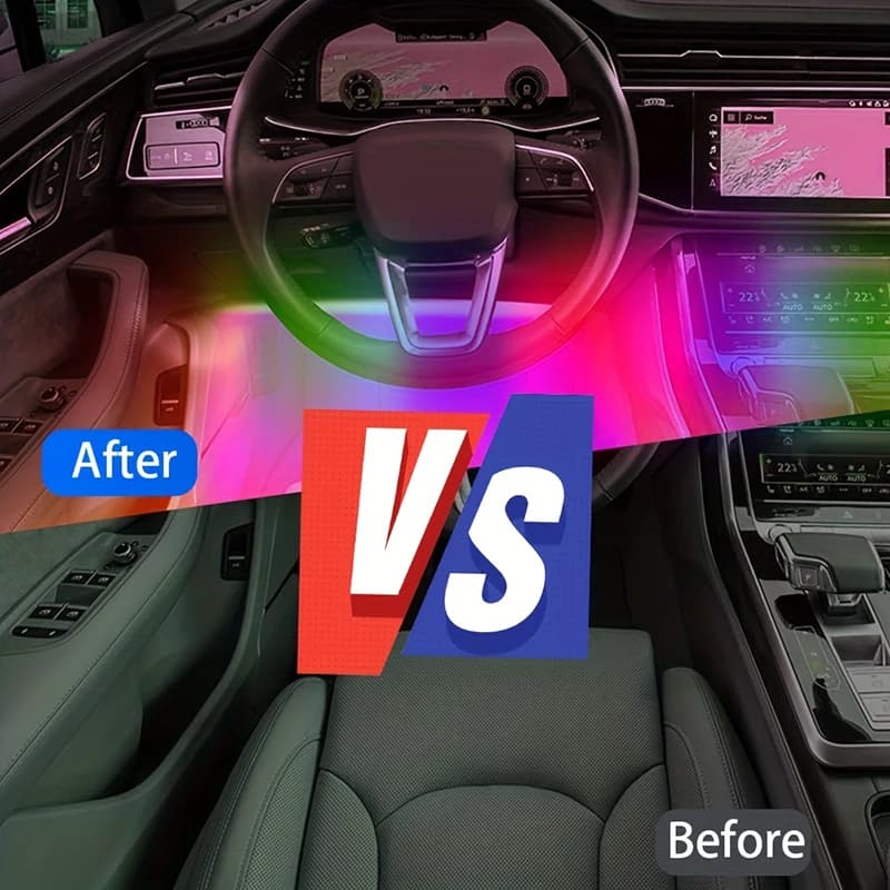 شريط إضاءة LED للسيارة مع 48 LED USB وتحكم عبر تطبيق بلوتوث مقاوم للماء متعدد الألوان RGB لإضاءة جو داخلي للسيارة - 6