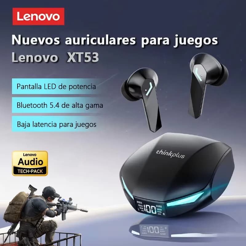 سماعات أذن لينوفو XT53 جديدة لاسلكية بلوتوث 5.4، شاشة LED رقمية، مقاومة للماء، إلغاء الضوضاء، سماعات ألعاب