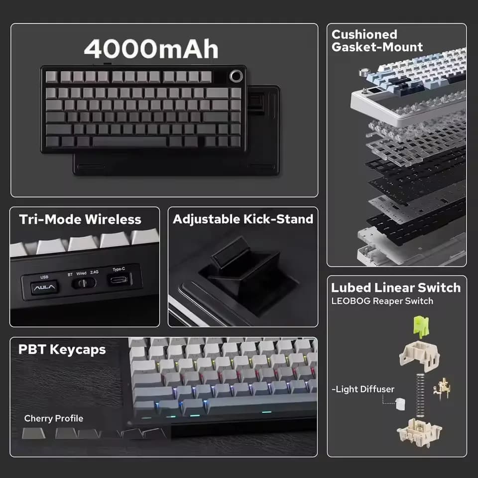لوحة مفاتيح ميكانيكية للألعاب AULA F75 MAX سلكية/بلوتوث/2.4G لوحة مفاتيح رياضية إلكترونية RGB قابلة للتبديل السريع مع شاشة TFT للكمبيوتر/Mac ﻿ - 6