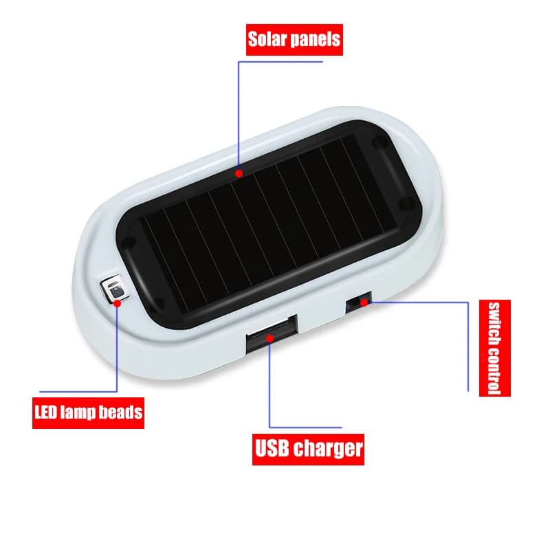 ضوء أمان مزيف يعمل بالطاقة الشمسية LED للسيارة إنذار وهمي محاكاة مصباح تحذير لاسلكي مضاد للسرقة وميض تقليد 2 قطعة - 5