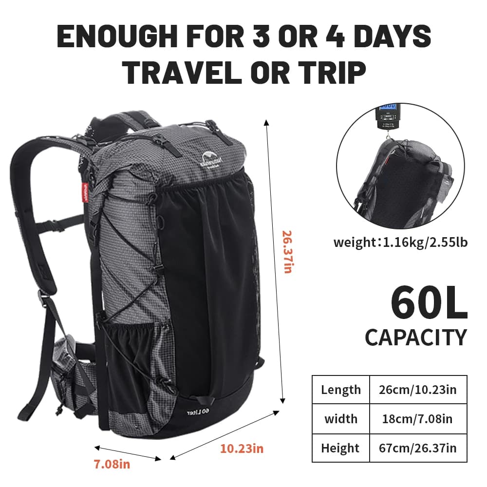حقيبة ظهر تخييم Naturehike سعة 60+5 لتر، حقيبة تسلق مقاومة للماء، حقيبة ظهر خفيفة الوزن للسفر، حقيبة ظهر للرجال للتنزه في الهواء الطلق - 5