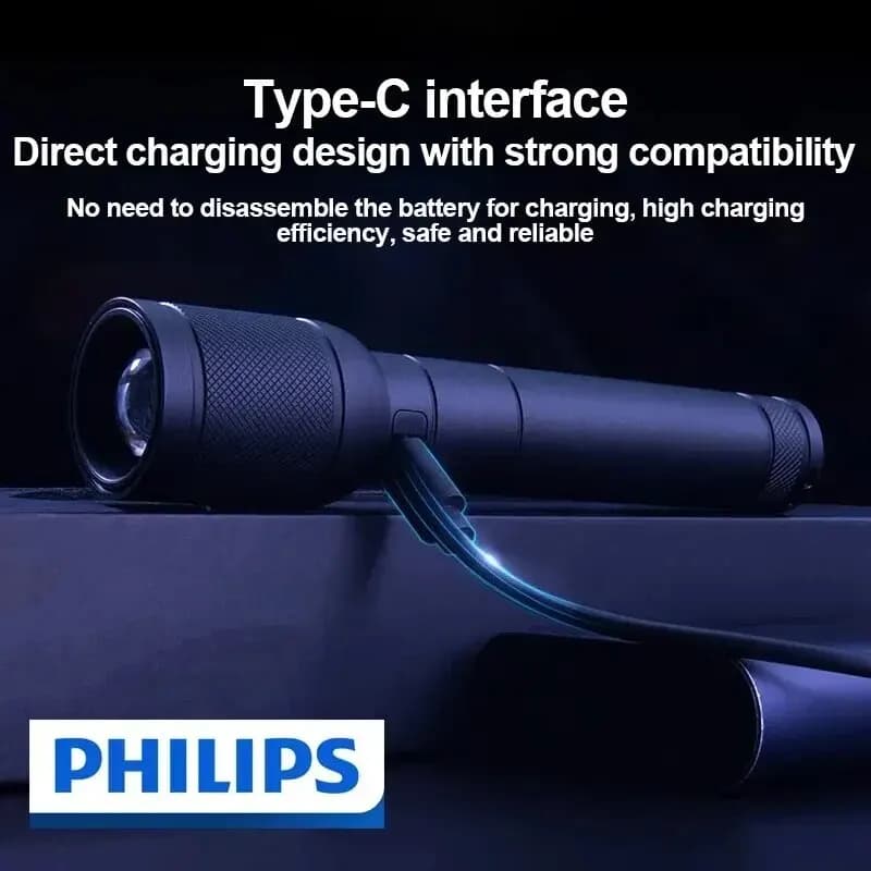 مصباح يدوي Philips 6168 مع تقريب بصري ومنفذ Type-C ومحمول مع 4 أوضاع إضاءة لمصباح التخييم للدفاع عن النفس - 2