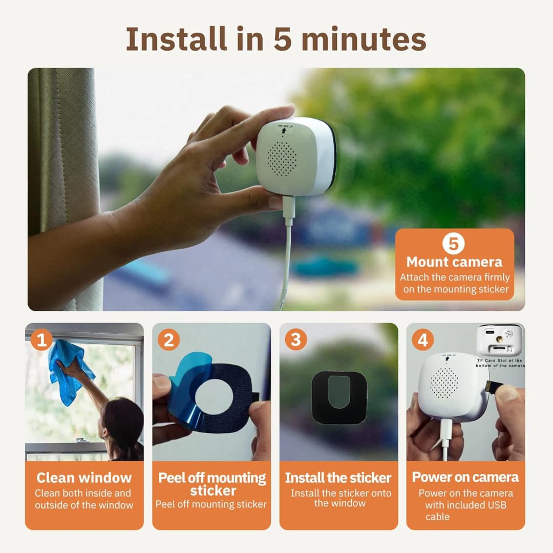 كاميرا نافذة HEIYOUCAM - بديل للكاميرات الخارجية | 2.4/5GHz Wi-Fi | 3MP HD | رؤية ليلية ملونة عبر النافذة - 2