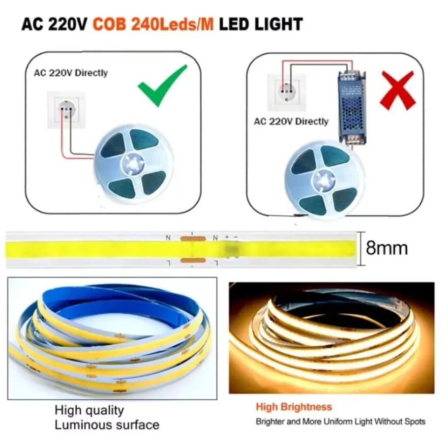 أضواء شريطية مرنة 1-5 متر، 220V، أضواء LED COB مع IC ذكي، لا تحتاج إلى محول، إضاءة خطية عالية السطوع 240 LED، إضاءة بيضاء دافئة RA95 - 3