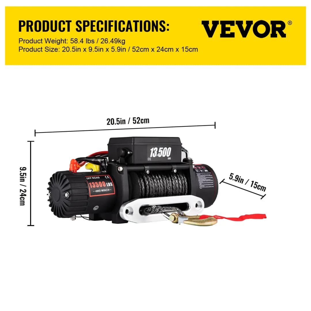 VEVOR Best Price 13500 LBS Electric Winch 12V 6120KG 13500LBS For 4X4 92FT Synthetic Trailer Ropes Towing Strap - 6
