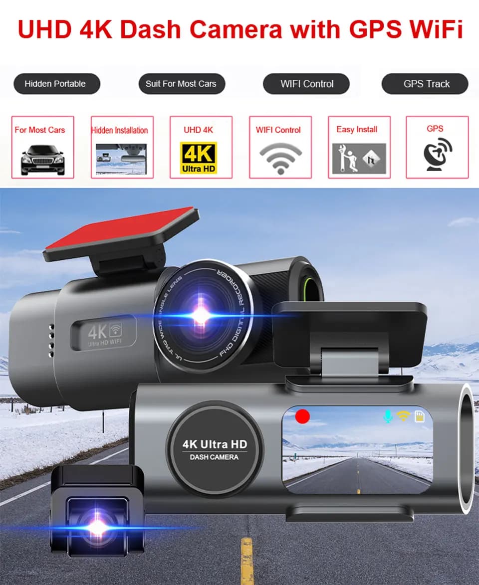 داش كام 4K UHD تسجيل كاميرا سيارة DVR للرؤية الليلية مسجل فيديو المدمج في واي فاي دعم GPS 24H وقوف السيارات - 2