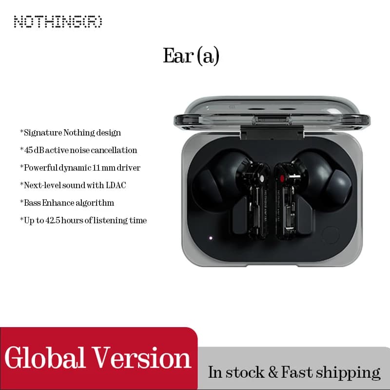 سماعات Nothing Ear (a) مع إلغاء الضوضاء النشط 45 dB، 42.5 ساعة استماع، تصميم عصري