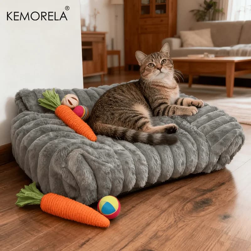 سرير أريكة مخطط للقطط من KEMORELA قطعة واحدة من البوليستر الناعم سرير قابل للتنفس مناسب لجميع الفصول للقطط الصغيرة والمتوسطة - 5