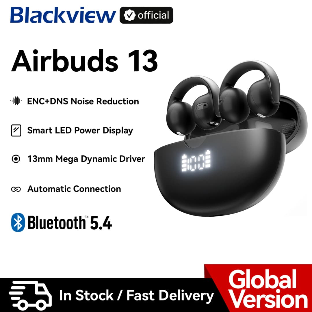 سماعات أذن Blackview AirBuds 13 OWS مع مشبك أذن وشاشة LED مقاومة للماء IPX7 بطارية 400mAh بلوتوث 5.4 سماعات رياضية مع ميكروفون