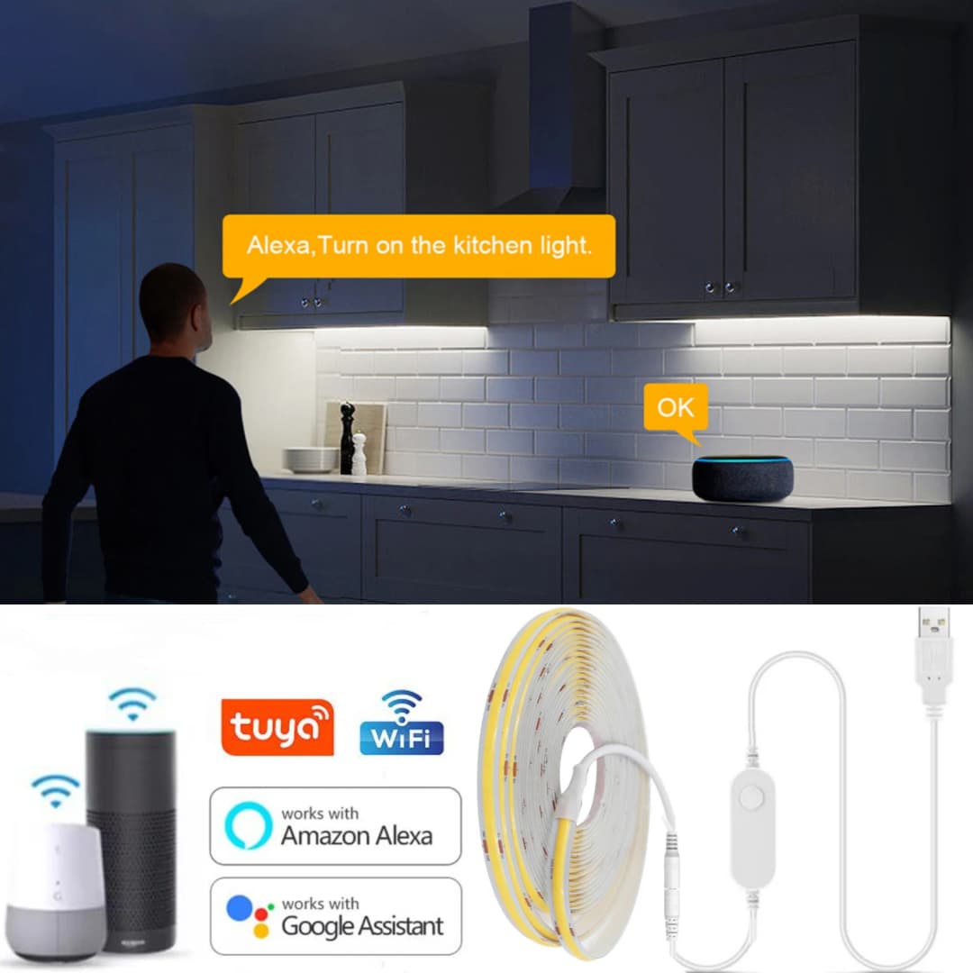 شريط LED COB من Tuya مع تحكم عبر تطبيق Tuya Smart Life، إضاءة LED قابلة للتعتيم، 5V USB، 320 LED، إضاءة خطية للجدران وخزائن المطبخ - 5