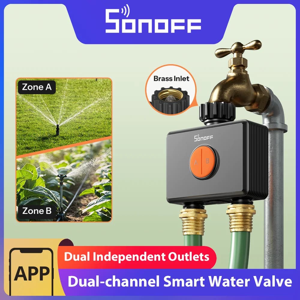 مؤقتات ري الحديقة SONOFF، 2 مخرج، مرشات Hydro DUO، صمام مياه ذكي ثنائي القناة Zigbee مع مقياس تدفق SWV-ZF2E