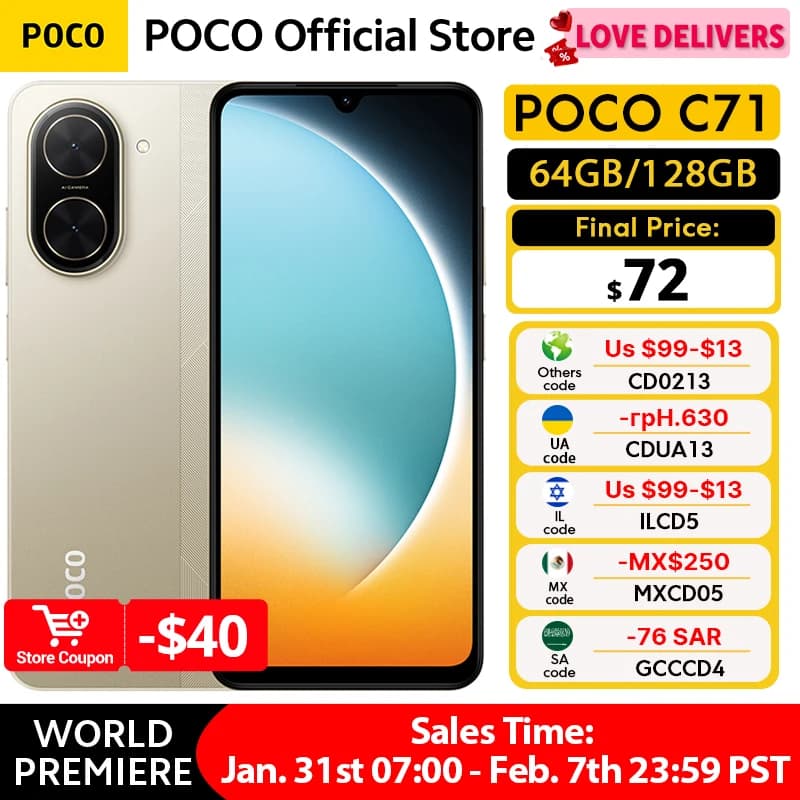 هاتف ذكي POCO C71 إصدار عالمي معالج UNISOC T7250 شاشة غامرة 6.88 بوصة كاميرا مزدوجة 32MP Al شحن 15W بطارية 5200mAh