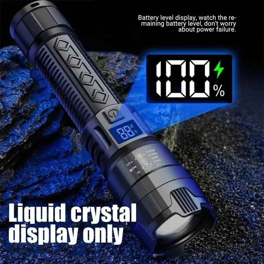 كشاف LED قوي، كشاف تكتيكي، مصباح فائق السطوع، شحن USB، مناسب للتخييم والصيد - 3