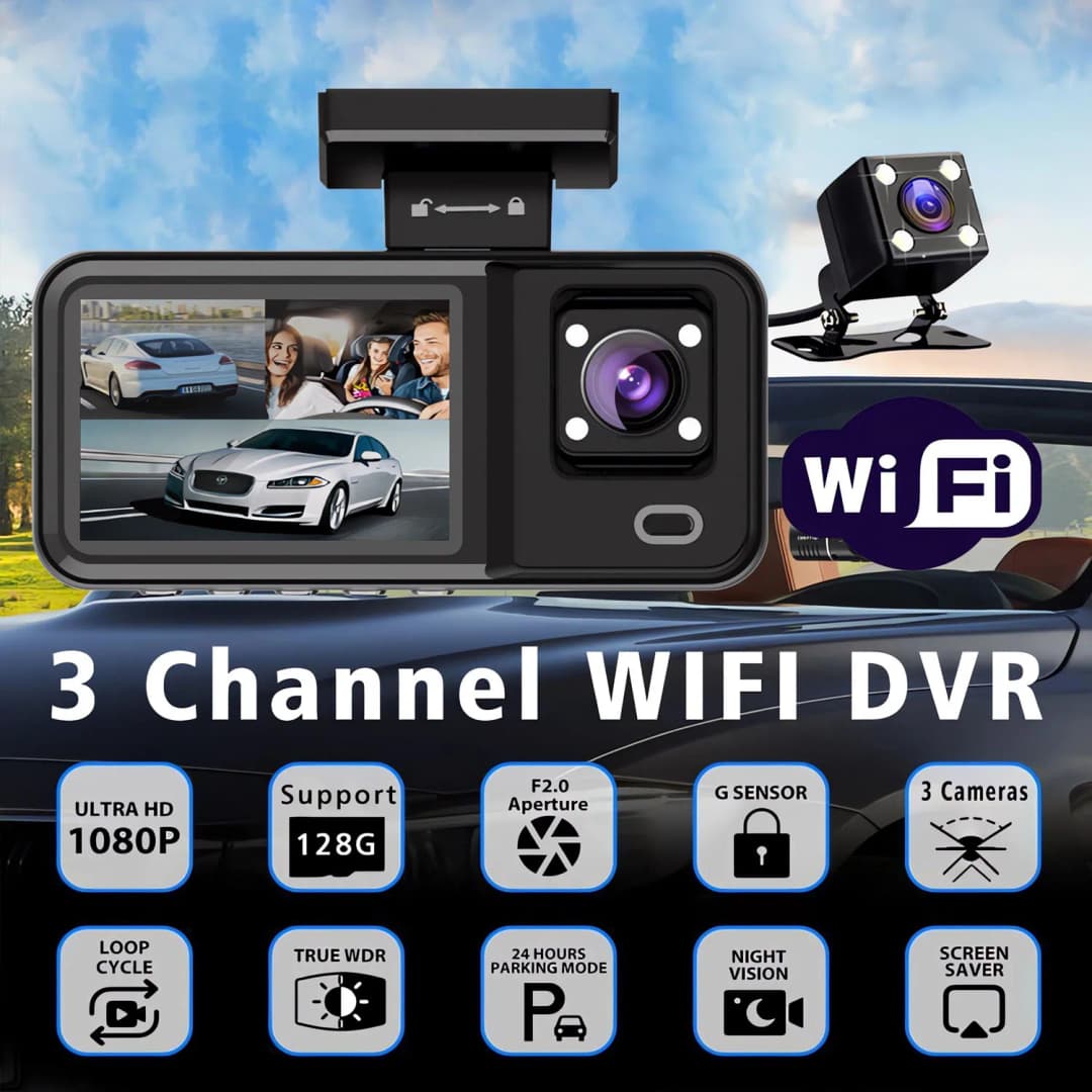 مسجل سيارة DVR بتقنية WiFi بدقة HD 1080P بكاميرا ثلاثية الاتجاهات مسجل فيديو صغير كاميرا لوحة القيادة - 2