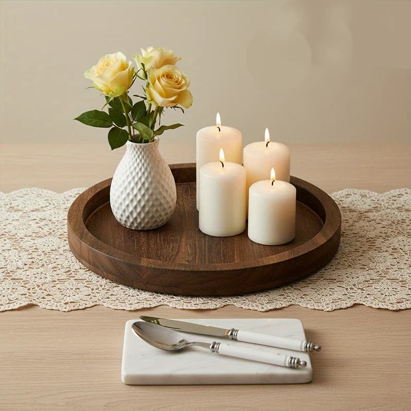 Serving Tray - Farmhouse Style Round Wood Plate for Kitchen Countertop, Coffee Table Centerpiece, Candles & Decor (11.2& 7.9”) - 2