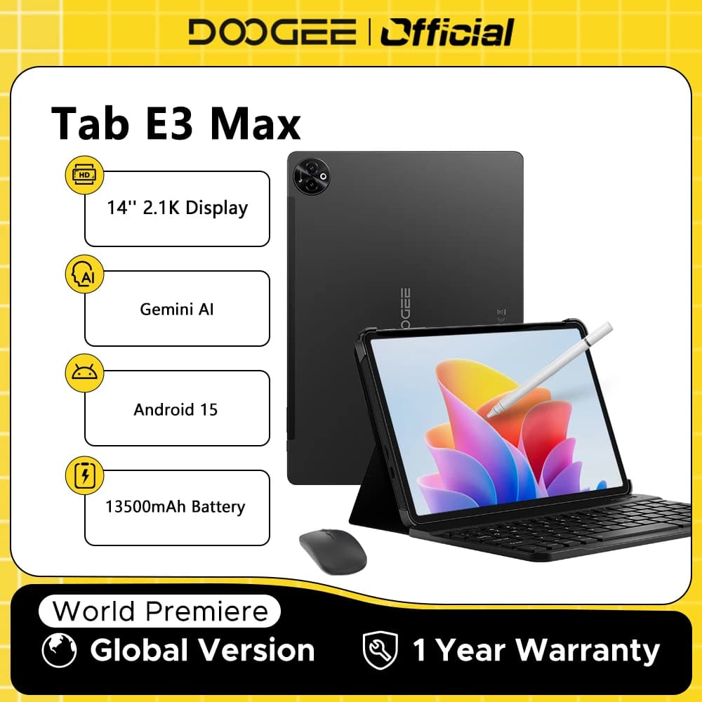 الإصدار العالمي جهاز لوحي DOOGEE Tab E3 Max بنظام أندرويد 15 مع ذكاء اصطناعي Gemini AI شاشة 14 بوصة 2.1K ذاكرة وصول عشوائي 8 جيجابايت سعة تخزين 256 جيجابايت بطارية كبيرة 13500 مللي أمبير