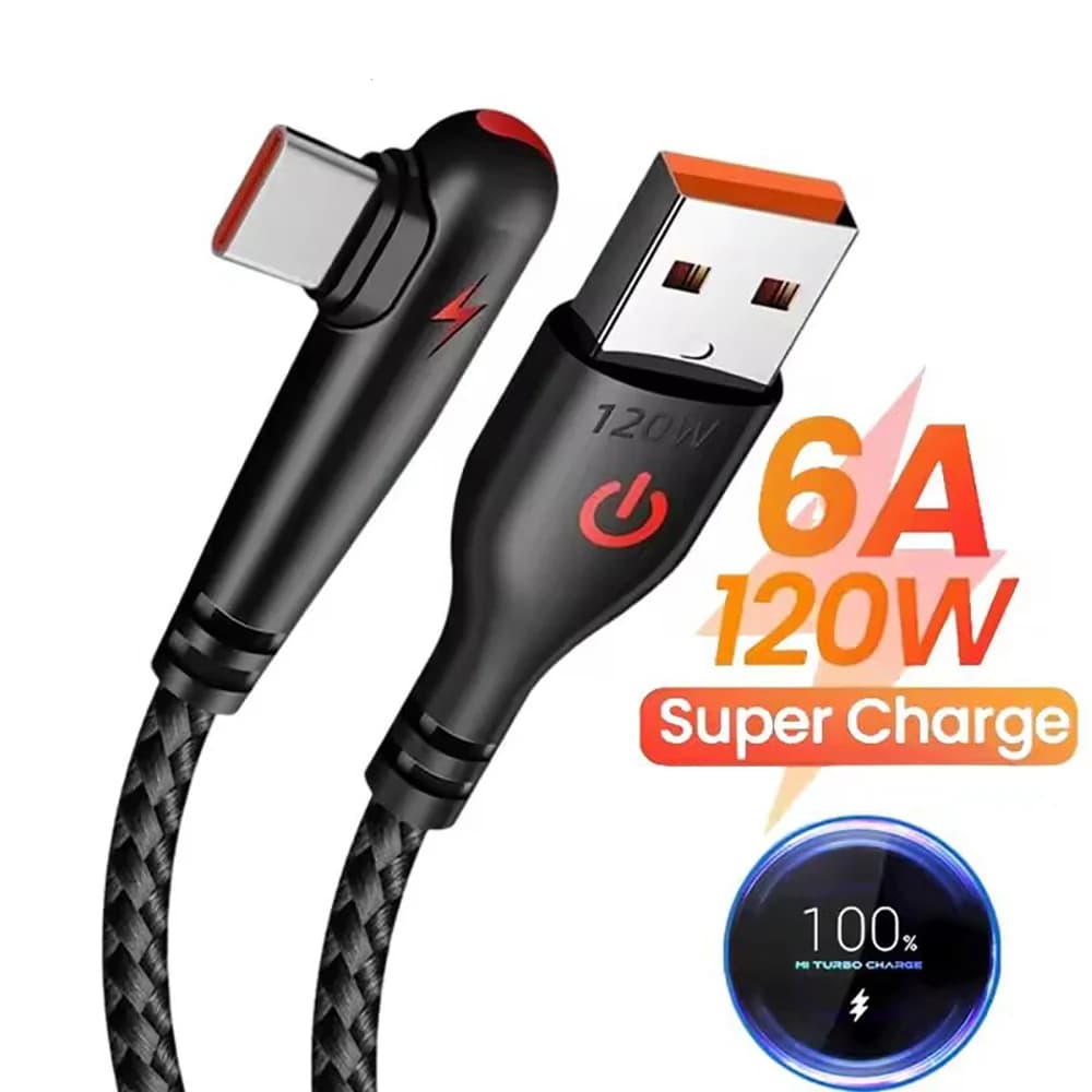 كابلات شحن سريع 6A 120W من USB إلى Type C كابل شحن سريع 0.25 متر/1 متر/1.5 متر/2 متر كابل بيانات مضفر USB-C بزاوية 90 درجة