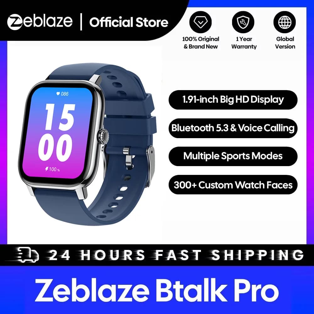 ساعة Zeblaze Btalk Pro الذكية الجديدة للمكالمات الصوتية، شاشة كبيرة 1.91 بوصة HD، أكثر من 300 واجهة ساعة مخصصة، تتبع الصحة