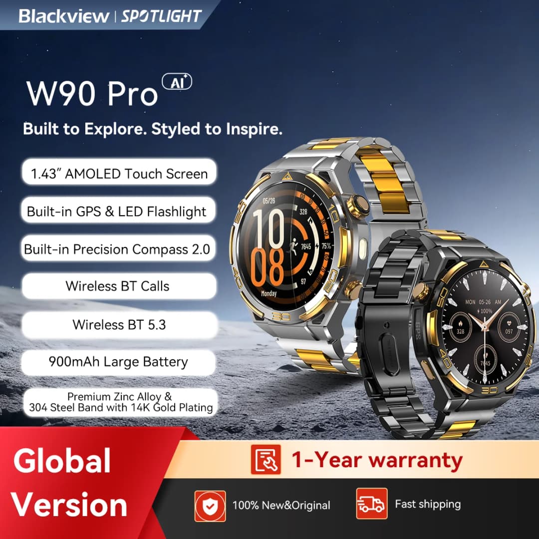 ساعة بلاك فيو W90 برو الذكية الجديدة المزودة بنظام GPS وشاشة AMOLED عالية الدقة 1.43 بوصة، بطارية 900 مللي أمبير/20 يومًا في وضع الاستعداد، ساعة رياضية مقاومة للماء مع بلوتوث للرجال